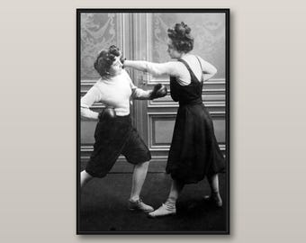 Vintage Women Boxing Print, Funny Black and White Sports Photography, Feminist Wall Art, Eclectic Conversation Piece