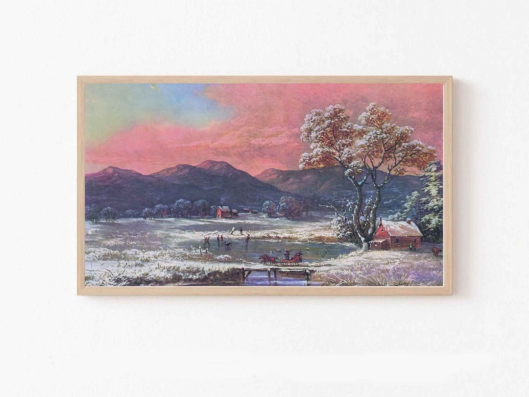 Samsung Frame TV Vintage Currier & Ives Pink Country Sunset Winter
