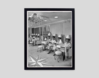 Women at Hair Salon Wall Art | Beauty Salon Decor | Black and White Print | Vintage Poster | Retro Wall Decor | Digital Download Vintage