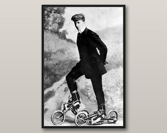 Vintage Pedal Roller Skates Print, Funny Invention Photography, Black and White Industrial Wall Art, Quirky Decor