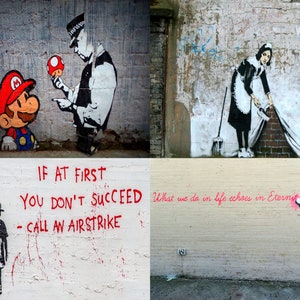 Könnte beinhalten: Eine Collage aus vier Street-Art-Wandgemälden. Das obere linke Wandbild zeigt eine Comicfigur, die Mario aus der Super Mario Bros.-Videospielserie ähnelt, die von einem Polizisten einen Pilz erhält. Das obere rechte Wandbild zeigt eine Frau in einem Dienstmädchenkostüm, die einen Boden fegt und ein Laken hält. Das untere linke Wandbild zeigt ein rot aufgesprühtes Zitat, das lautet "IF AT FIRST YOU DON'T SUCCEED - CALL AN AIRSTRIKE". Das untere rechte Wandbild zeigt einen Mann in Uniform, der einen Eimer und einen Schwamm hält, mit dem Text "What we do in life echoes in Eternit", der in Pink aufgesprüht ist.