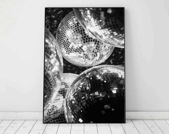 Disco Shining Sparkling Balls, Black and White Photography, Wall Art Decor Print, Vintage Retro Disco Ball Digital Download