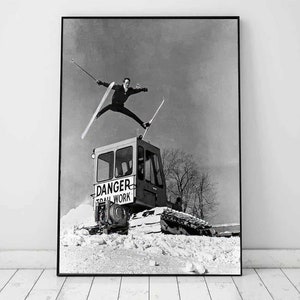 Jumping over Snowcat Vintage Skiing Photo | Bromley Mt. Vermont | Classic Ski Art | Antique Aesthetics Wall Decor for Ski Lodges|Ski Poster