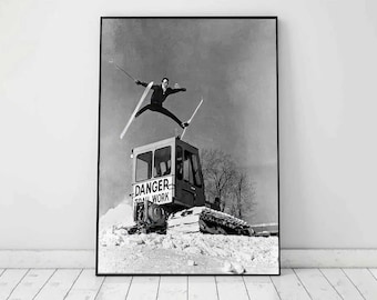 Jumping over Snowcat Vintage Skiing Photo | Bromley Mt. Vermont | Classic Ski Art | Antique Aesthetics Wall Decor for Ski Lodges|Ski Poster