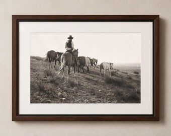 Lone Cowboy and Horse Herd Wall Art, Vintage Western Photography, Rustic Ranch Decor, Sepia Cowboy Print