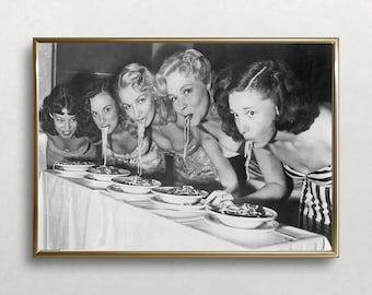 Vintage Women Eating Pasta Poster | Retro Wall Art | Digital Download