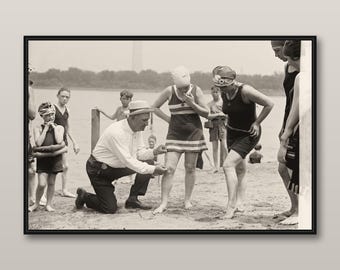 Vintage Bathing Suit Inspector Print, Funny Beach Photography, Black and White Coastal Wall Art, Quirky Bathroom Decor
