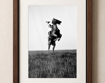 Bucking Bronco Cowboy Wall Art, Vintage Rodeo Photography, Black and White Western Ranch Print