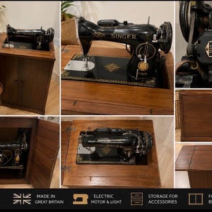 May include: A black Singer 15K sewing machine housed in a wooden cabinet. The machine features gold detailing, an electric motor, and a light. The cabinet includes storage for accessories and folds into a closed unit. A metal plate on the motor reads Singer Sewing Motor.