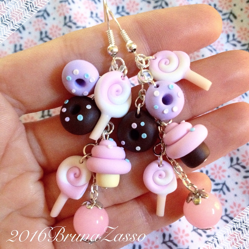 Sweet Earrings Mix Lollipop Donuts Cup Cake Muffin Handmade Polymer Clay Locca-Locca Sugar Confetti Chocolate Panna
