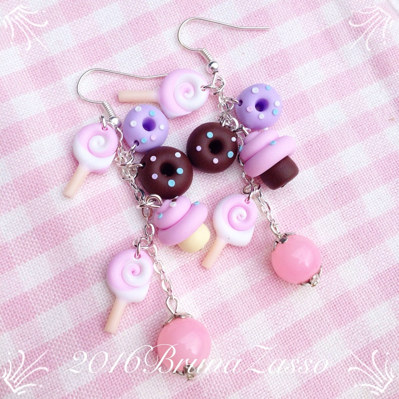 Sweet Earrings Mix Lollipop Donuts Cup Cake Muffin Handmade Polymer Clay Locca-Locca Sugar Confetti Chocolate Panna