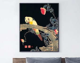 Rare Japanese PRINTABLE ART | Parrot by Ilto Jakucu | Japanese artprint,  Japan poster, Japanese poster, Japan wall art, Bird poster