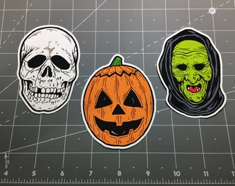 Halloween III 3 Season of the Witch Mask sticker decal set Skull Pumpkin masks 1980s horror film movie Silver Shamrock Novelties