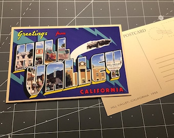 Back to the Future Hill Valley 1955 postcard custom movie prop Delorean BTTF 1985 80s Marty Mcfly Doc Brown flux capacitor time machine