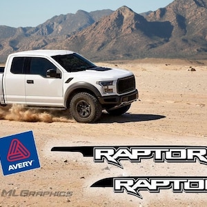 May include: White Ford Raptor pickup truck driving on a desert road, kicking up dust. Black and white Raptor decals are displayed below the truck. Logos for 3M and Avery are in the lower left corner. The background features mountains and a sandy landscape.