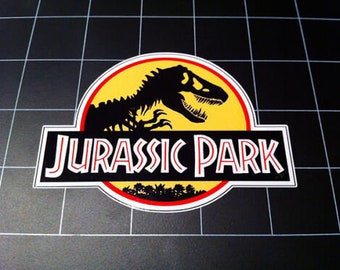 Jurassic Park yellow hardhat raincoat movie logo vinyl decal sticker dinosaur 90s movie Raptor Trex Isla Nublar