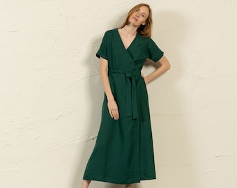 Vestido largo cruzado Vestido largo Vestido largo de verano Vestido largo de lino para mujer Vestido boho Vestido largo verde Ropa de lino sostenible ELEANOR
