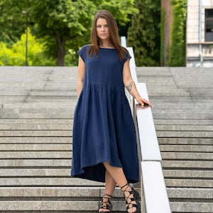 Pure 100% Linen Dress Smock Dress for Women Midi Summer Dress Casual Dress Natural Certified Linen Clothing CECILIA Storm Blue