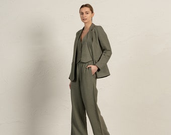 Blazer Suit Set Women Suit Set Matching Women's Two Piece Set of Linen Blazer Linen Vest & Wide Leg Pants