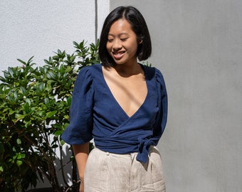Lavender Linen Wrap Crop Top: Balloon Sleeves, Elegant Blouse - Etsy