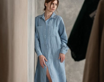 Robe boutonnée Robe en lin Robe oversize Robe chemise en lin Robe bleue / Vêtements en lin MARGO