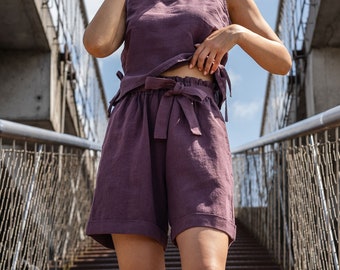 Summer Shorts Linen Shorts Womens Shorts High Waisted Shorts Loose Shorts Purple Shorts / Shorts with Pockets Linen Clothing DEMI