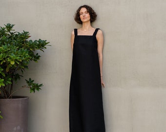 Abito lungo con grembiule Abito lungo in lino Abito formale Abito nero Abito da invitato a nozze Abito da sera Elegante abito nero Abito da evento FIONA