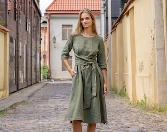 Linen Dress with Ties Wrap Linen Dress Summer Linen Dress Midi Linen Dress Long Sleeve Linen Dress with Pockets Green Linen Dress MILEY