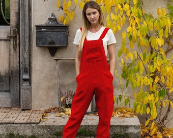 Linen Jumpsuit for Women Organic 100% Linen Romper Long Overall Sustainable Pinafore Jumpsuit NICCI Pure REd