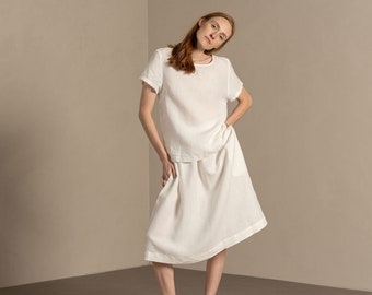 Linen Skirt for Woman White Skirt Midi Skirt Pleated Skirt Organic Linen Clothes Summer Skirt with Pockets SOPHIA