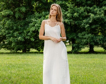 White Slip Dress Linen Slip Dress White Dress Summer Slip Dress Double Strap Dress Linen Dress for Women Maxi Slip Dress KIMI