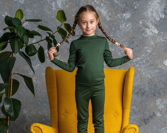 Organic Baby Leggings Base Layer Pants for Kids 100% Merino Wool Toddler Leggings 160gsm Sustainable Clothing Dark Green