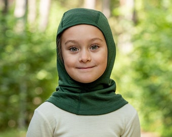 100% Merino Wolle Kinder Balaclava Gesichtsmaske Bio Outdoor Kleinkind Baby Herbst Hut Abdeckung Nachhaltige Kleidungsaccessoires 160gsm Dunkelgrün