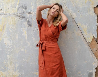 Ready to Ship Midi Dress Midi Wrap Dress Linen Midi Dress V - Neck Midi Dress Summer Midi Dress Midi Women Dress ELIANA Cinnamon Red