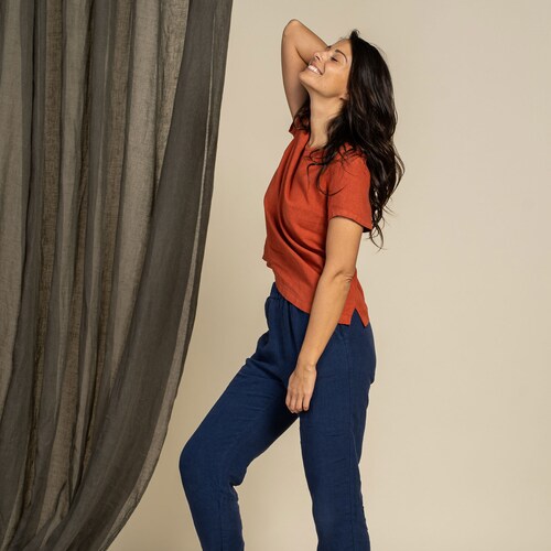 Tapered 100% Linen Pants for Women/High Waisted Pants with Elastic Waist/Linen Trousers/Sustainable Fall Linen Clothes – DAKOTA Storm Blue