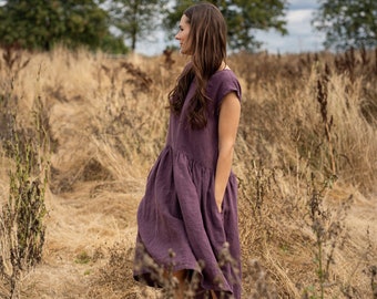 Ready to Ship Linen Smock Dress for Women Midi Loose Summer Dress Organic Smock Dress with Pockets Linen Clothing CECILIA Shadow Purple