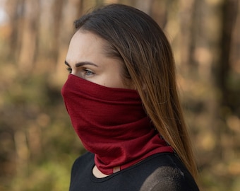 Unisex Neck Gaiter Adult Face Mask Scarf Ski Mask Double Layer Knit Gaiter Merino Wool Sustainable Clothing Royal cherry