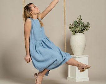 Organic Linen Dress Midi Smock Dress Summer Dress for Women 100% Linen Sustainable Clothing Mothers Day Gift MAYA Cloudy Blue Dress