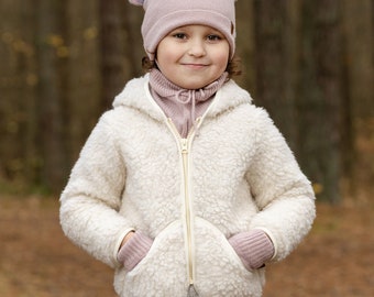 Kids Teddy Bear Jacket Fleece Hooded Jacket Coat for Toddler Spring Beige Wool Jacket for Kids Natural Sustainable Wool Baby Clothes