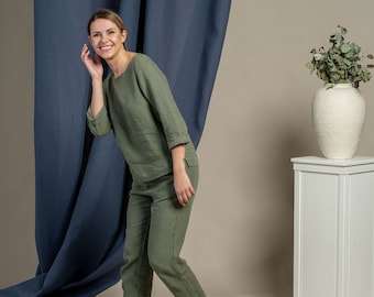 Linen 2 Two Piece Set High Waist Tapered Trousers Linen Pants & Linen Blouse for Woman Lounge Set Sustainable Linen Clothing Loungewear