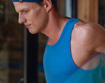 Mens Workout Tank Top Sleeveless Tee Shirt Running Shirt Organic 100% Merino Wool Clothes Sustainable Clothing 160gsm Light Blue