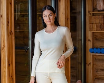 Natural Womens Long Sleeve Shirt Organic Clothing Yoga Shirt Merino Wool Crewneck Sweatshirt Thermal Shirt 250gsm