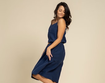Biologische 100% linnen rok hoog getailleerde rok met zakken plooirok A-lijn midi-rok voor dames linnen kleding SOPHIA stormblauw