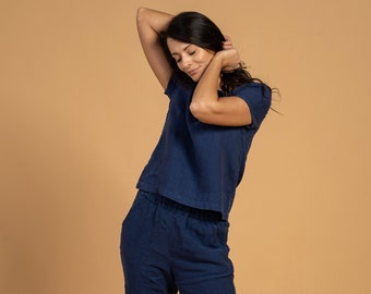 Zomer linnen loungewearset linnen broek broek en T-shirt met korte mouw top linnen bijpassende set duurzame linnen kleding