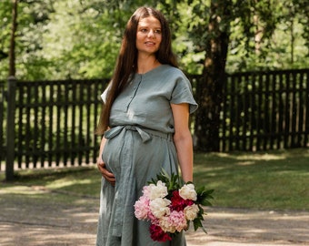 Zwangerschapsjurk 100% linnen jurk voor baby shower knopjurk postpartum zwangerschap kleding moederschap fotoshoot BRIGIT Mintgroen