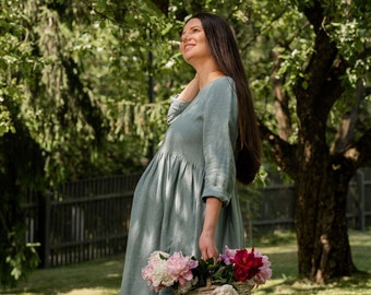 Zwangerschapsjurk voor vrouwen Midi linnen jurk voor babyshower postpartumjurk zwangerschapskleding linnen Moederdag cadeau LUCY mintgroen