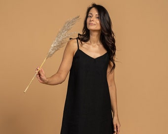 Slip Linen Dress for Woman Organic Black Dress with Adjustable Straps Linen Summer Dress Sustainable Mini Slip Dress LIV