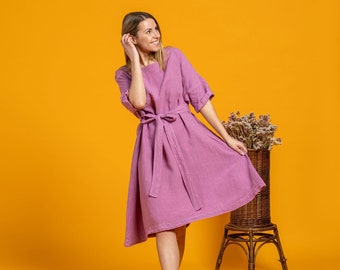 Organic Womens Linen Dress One Size Dress 100% Linen Tunic Oversized Summer Dress Midi Dress Linen Clothing OLIVIA Lavender Purple