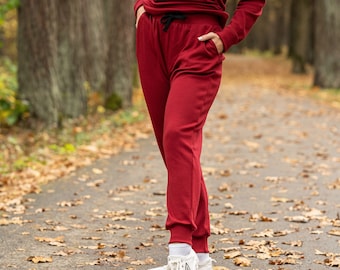 Merino Wool Sweatpants for Women Lounge Jogger Pants High Waist Thick Sweatpants Jogger 250gsm Royal Cherry