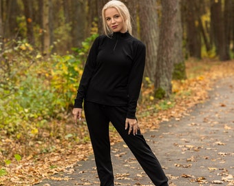 2 Piece Set of Womens Half Zip Neck Sweatshirt & Sweatpants Jogger Merino Wool Loungewear Set Organic Clothing 250gsm Black